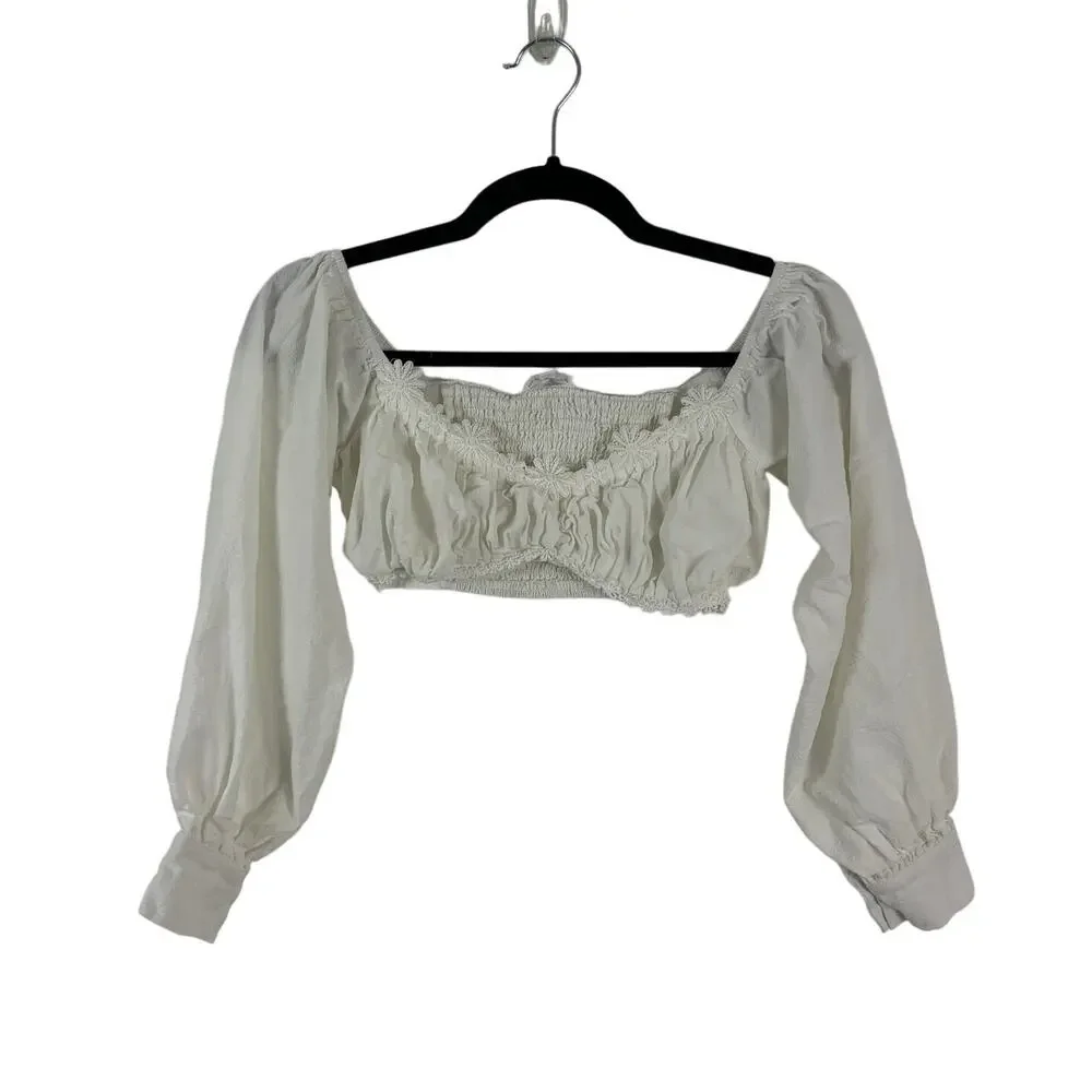 Superdown Off Shoulder Crop Top – White Floral Embroidered – Size XS- Cotton